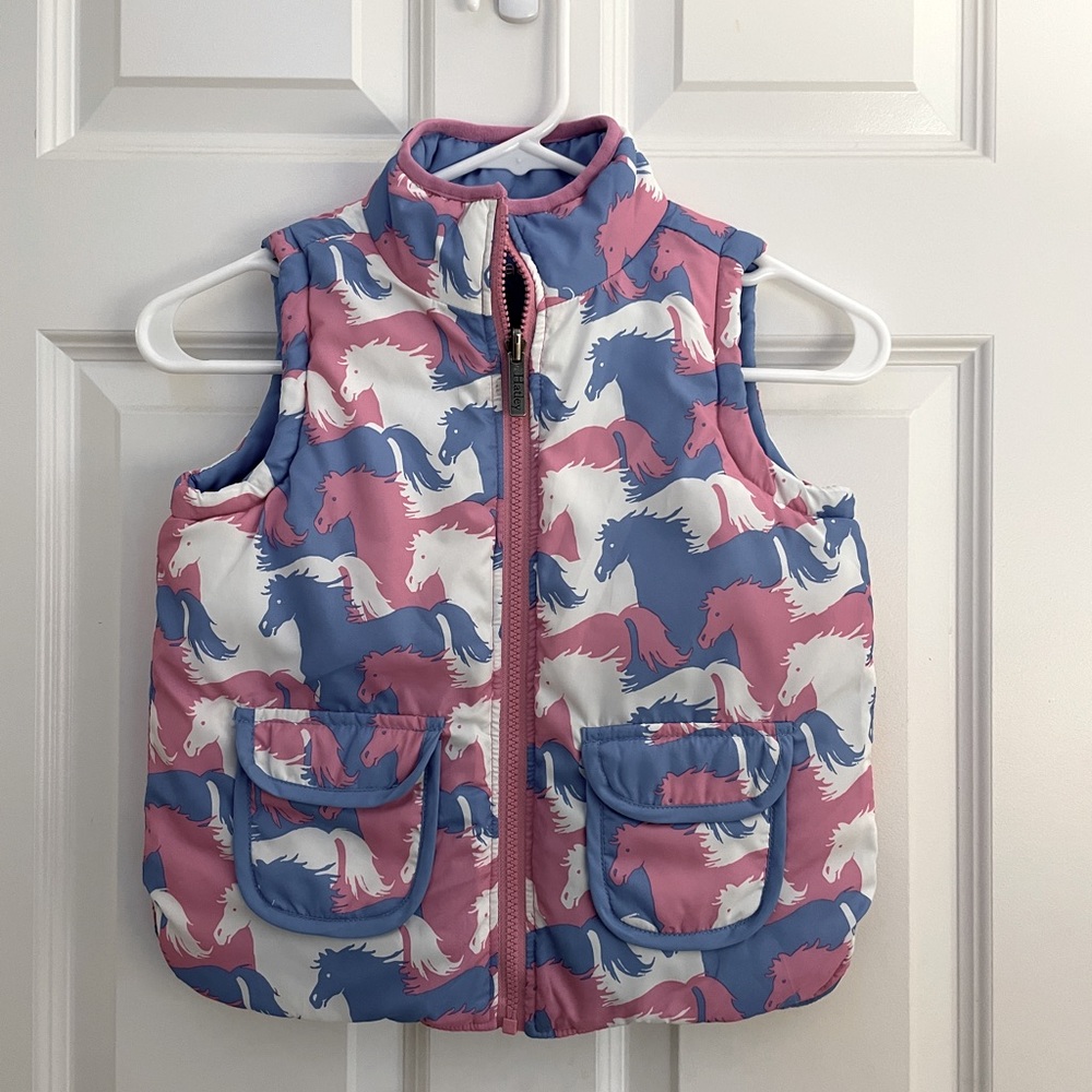 Hatley girls size 5 reversible vest pink blue horses
